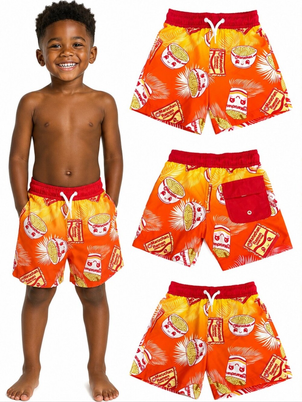 RAMEN NOODLES BOYS Orange Graphic Print Kids Swim Trunks SIZE XS 4-5 NWT
